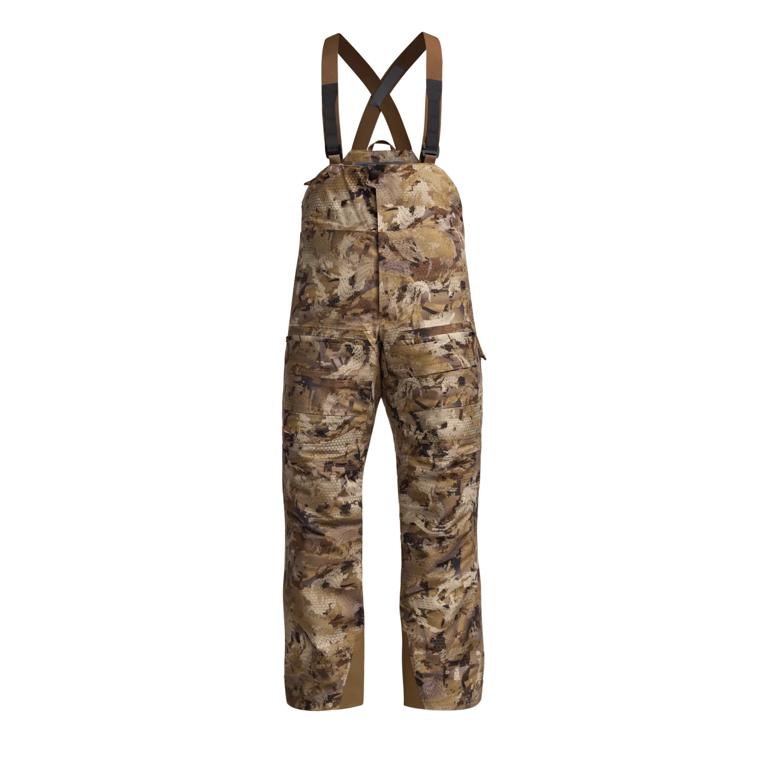 Camouflage overalls with suspenders, featuring a mix of brown and green tones, displayed against a black background. The design exudes a rugged, outdoor feel.