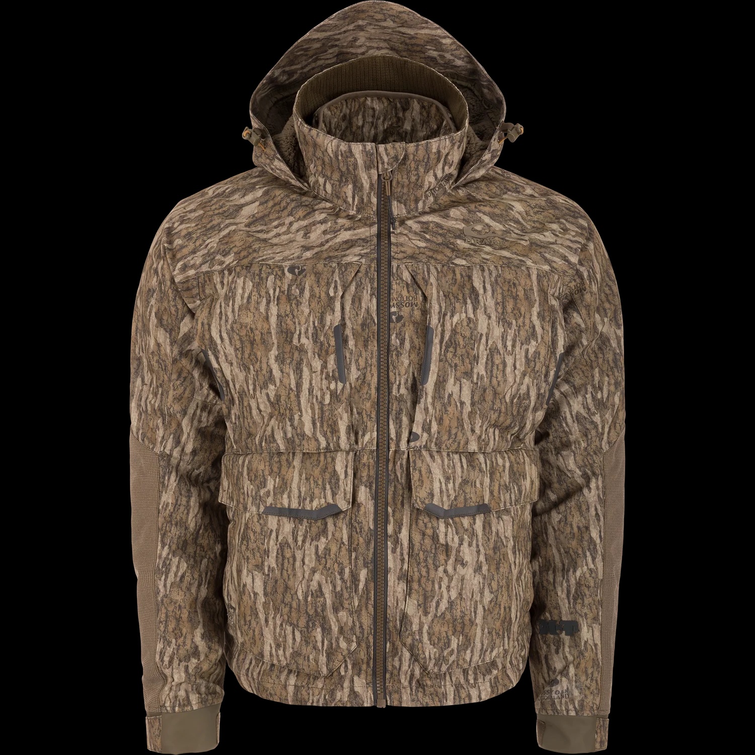 Camouflage jacket with a tree bark pattern, featuring a zip-up front, hood, and multiple pockets. The rugged design suggests outdoor use.