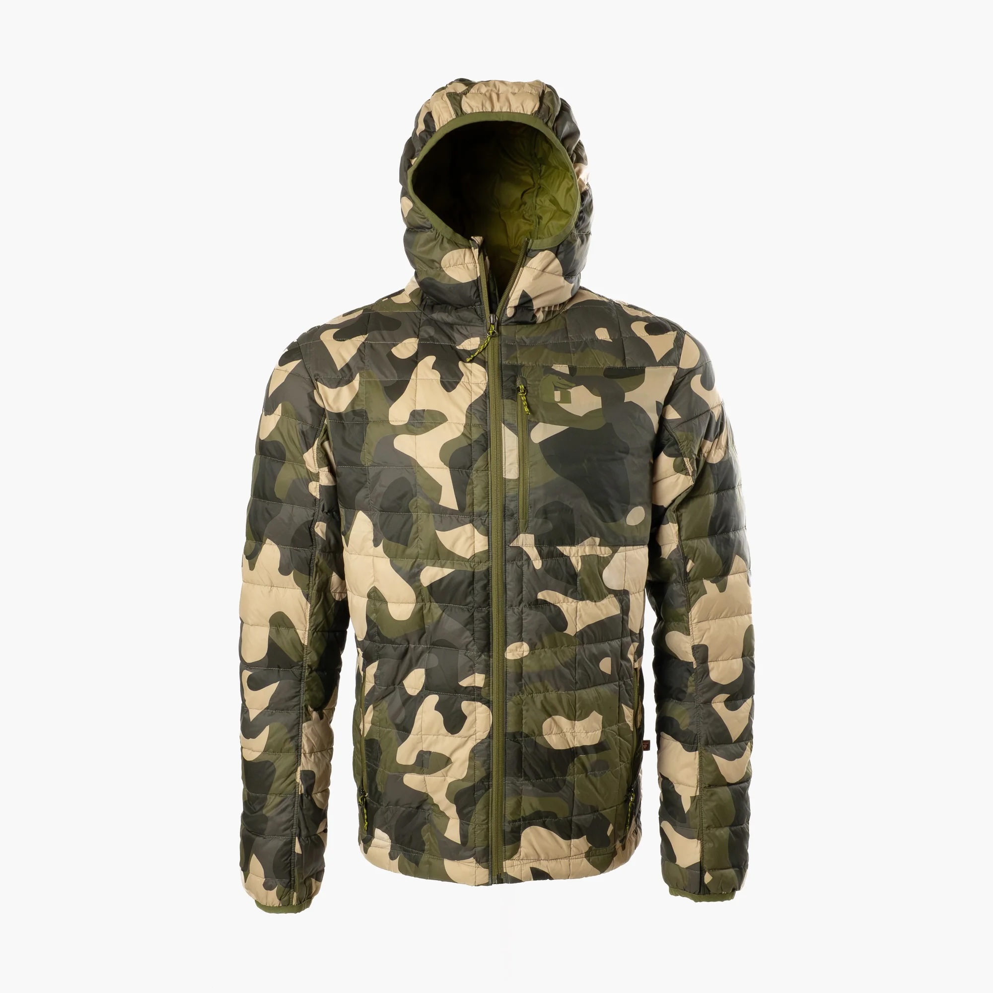 Camouflage-patterned hooded jacket with a mix of olive green, beige, and dark green tones. The jacket is displayed against a plain white background.