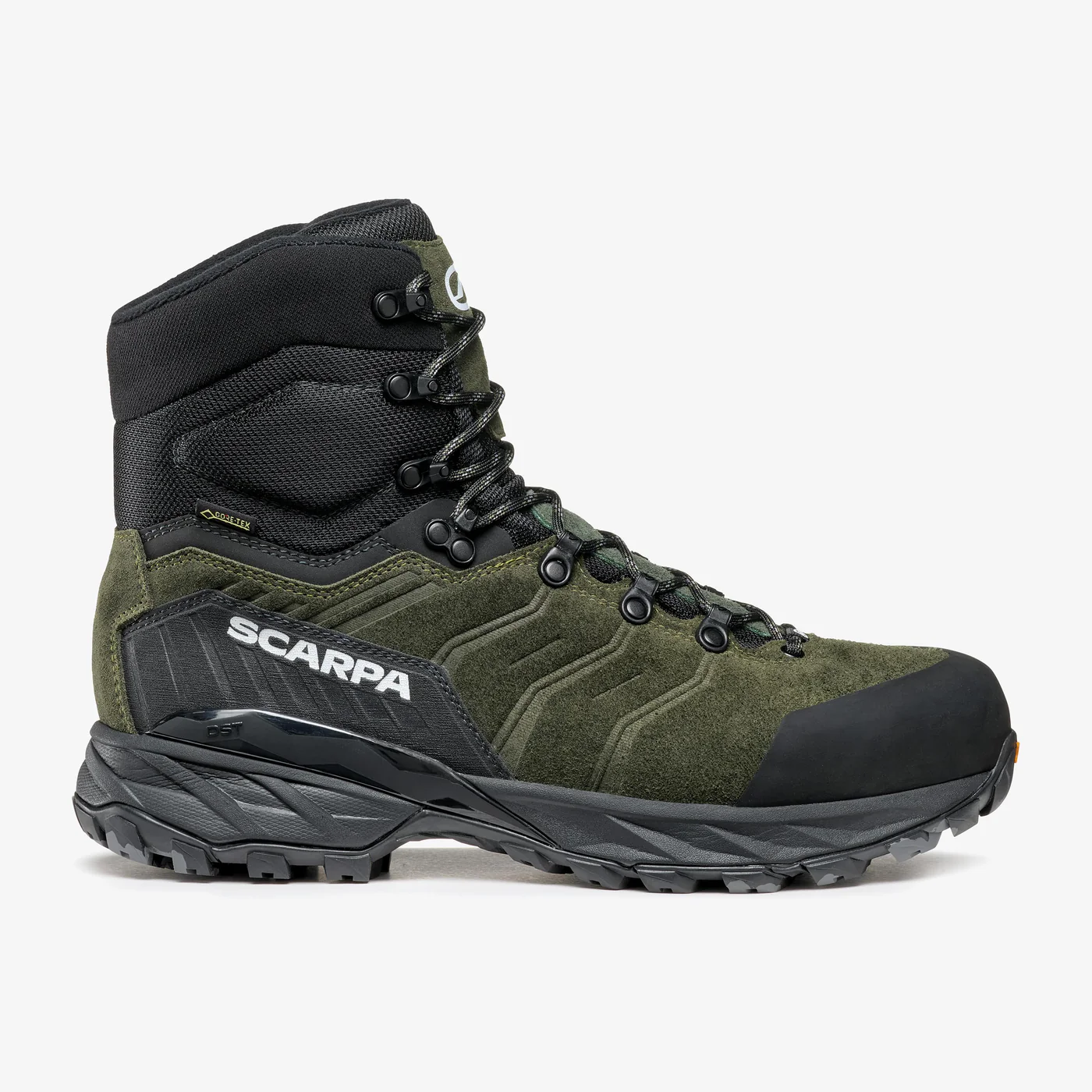 Green hiking boot with black accents and rugged sole. Mid-cut design with visible laces, brand logo on the side. Suitable for outdoor trekking.
