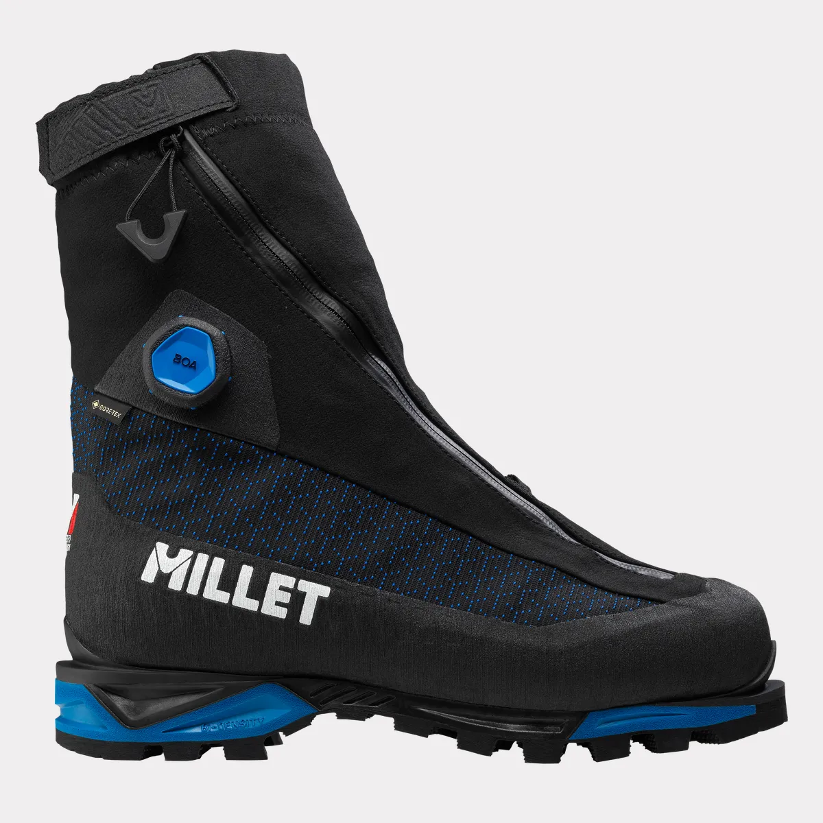 Black and blue high-altitude boot with a prominent Boa dial and zipper. Features rugged sole, "Millet" branding, conveys durability and performance.