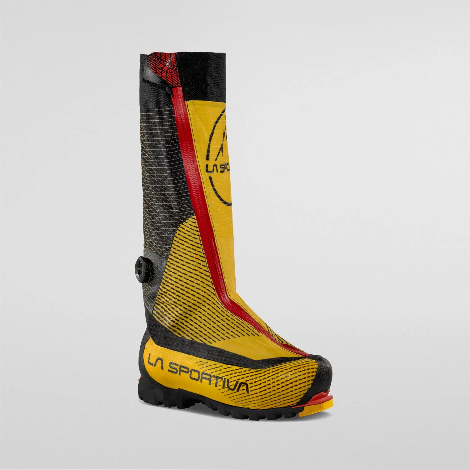 Yellow and black mountaineering boot with red accents, featuring a high gaiter and rugged sole. The La Sportiva logo adds a bold, adventurous feel.