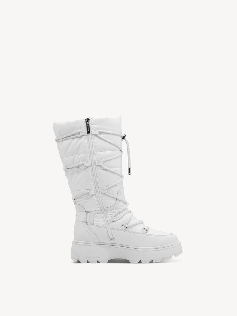 White knee-high winter boot with quilted fabric, front lace-up detail, side zipper, and thick, textured sole. Stylish, cozy, and ideal for cold weather.