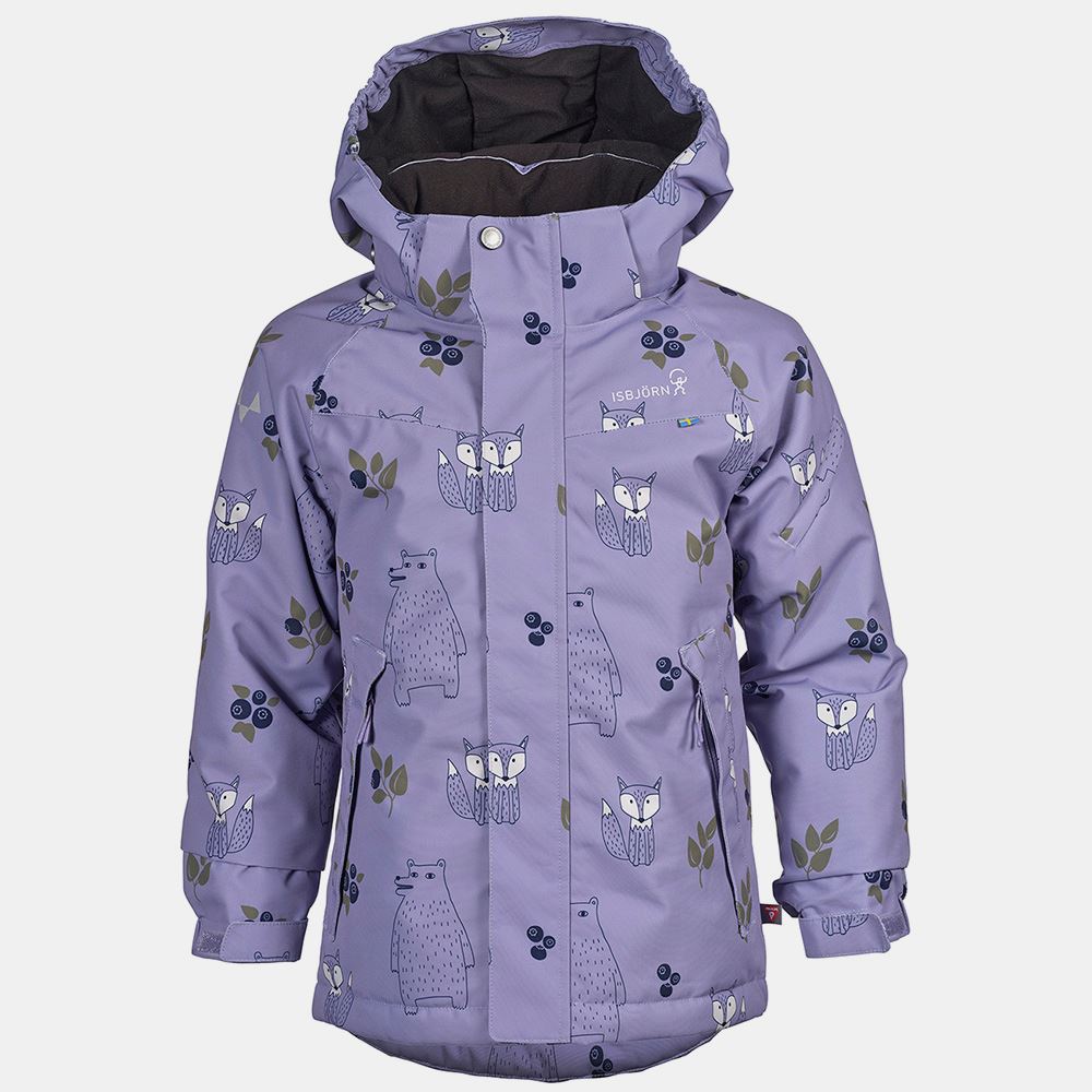 A lavender children's jacket with a hood, featuring playful fox and bear illustrations. The jacket is adorned with small leaf and berry patterns, creating a whimsical and cute design.